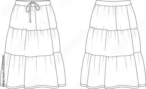 Vector flat sketch of wide leg pants with elastic waistband and drawstring tie, casual unisex fashion garment design illustration template