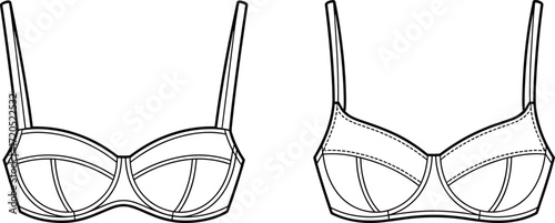 Vector flat sketch of women’s bra with adjustable straps, underwire support, lingerie design template, fashion garment illustration for apparel industryVector flat sketch of women’s bra with 