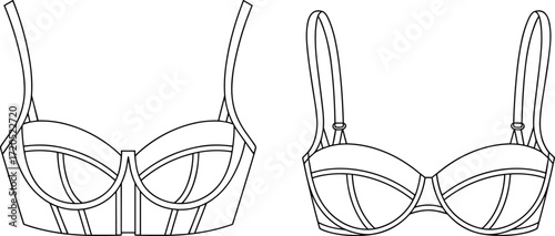 Vector flat sketch of women’s bra with adjustable straps, underwire support, lingerie fashion design template, apparel garment technical illustration