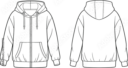 Vector flat sketch of zip up hoodie with front kangaroo pocket, ribbed cuffs, drawstring hood, fashion garment design template illustration