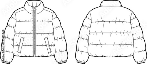 Vector illustration of puffer jacket front and back view, winter outerwear fashion design, quilted coat template, apparel technical drawing