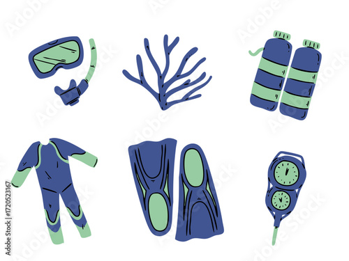 Stylized illustration of scuba diving gear including mask, wetsuit, fins, tanks, coral, and console representing underwater exploration and adventure.