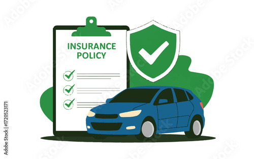 Car insurance policy document with shield and checkmarks on a white background vector illustration