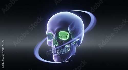 A three-dimensional anatomical depiction of a human skull, highlighted with vibrant luminous colors and glowing effects, showcasing intricate detail and a dark background.