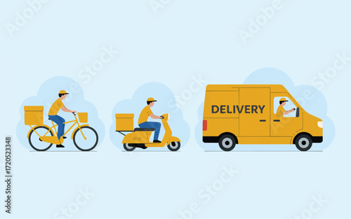 Delivery services using bicycle scooter and van with yellow boxes transportation logistics