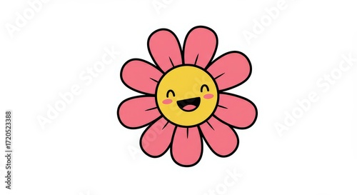 A cute cartoon illustration of a happy pink daisy with a smiling yellow face.