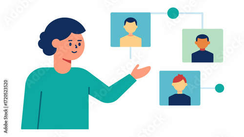 A person pointing to a photo on the wall explaining the memory behind it to someone else highlighting the power of storytelling in memory retrieval.. Vector illustration
