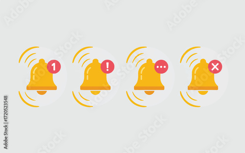 Four notification bells with different icons and radiating waves on a gray background alert message