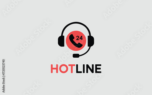 Hotline icon with headphones and phone symbol 24 hours support service