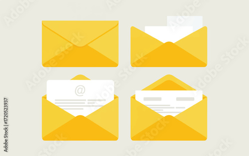 Set of four yellow envelopes showing different stages of opening and content mail email