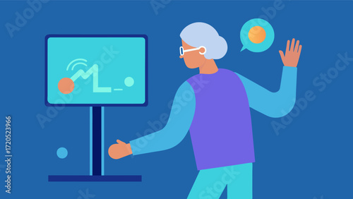 A person living with Parkinsons Disease uses a touchscreen to do virtual physical therapy exercises helping to improve their motor skills and balance.. Vector illustration