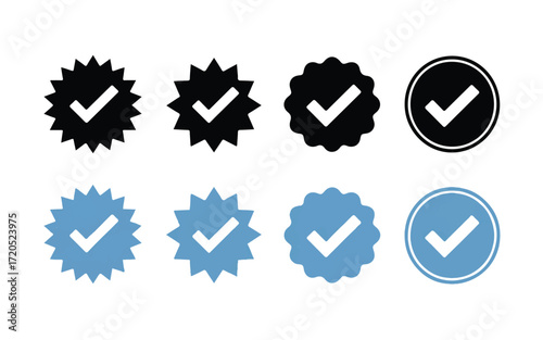 Set of verified checkmark icons in black and blue on a white background symbol badge