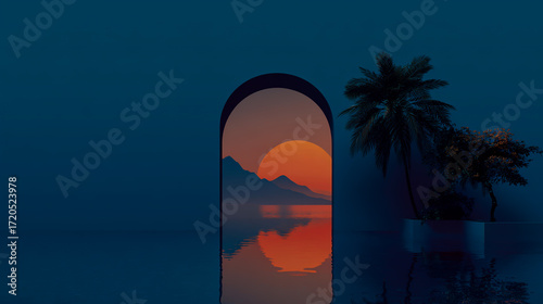 3D render of a sunset with a mountain and sea view through an archway, a simple vector illustration, a minimalist design, a flat color background, a palm tree, and a water reflection