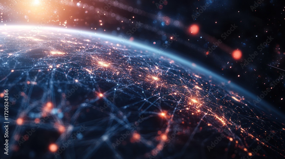 Obraz premium Illuminated Digital Connections Above Earth: A Stunning Glimpse of Global Networks and Technology