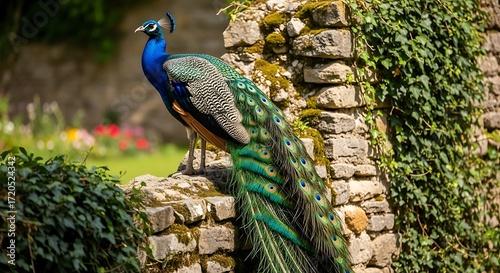 A magnificent peacock with vibrant plumage stands proudly against a weathered stone wall, showcasing its stunning colors and intricate feather details.