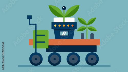 A robotic planter capable of working in extreme weather conditions ensuring crops are planted on time and without risk to human health.. Vector illustration