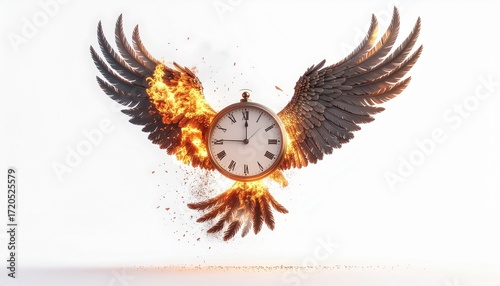 A giant floating clock transforming into a phoenix, clock hands turning into fiery wings, sparks scattering, on white background
