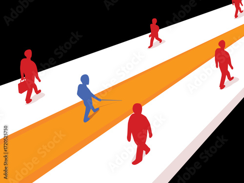 Flat vector illustration of a blind person walking with a white cane on an accessible path among other pedestrians. Concept for disability inclusion, accessibility, independence, and social awareness 