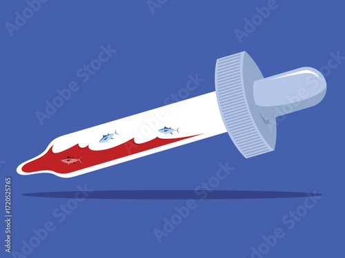 Flat vector illustration of a medical dropper with red liquid and small fish inside. Concept for fish oil, omega-3 supplements, marine extract, pharmaceutical research, and alternative medicine design