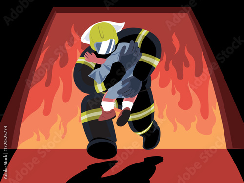 Powerful illustration of a firefighter rescuing a child from a burning building, capturing heroism, urgency, and bravery in action.