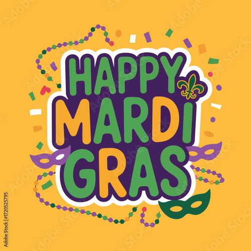 Happy Mardi Gras text with beads and masks lettering