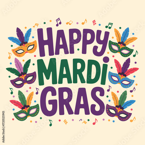 Happy Mardi Gras text with masks and feathers lettering