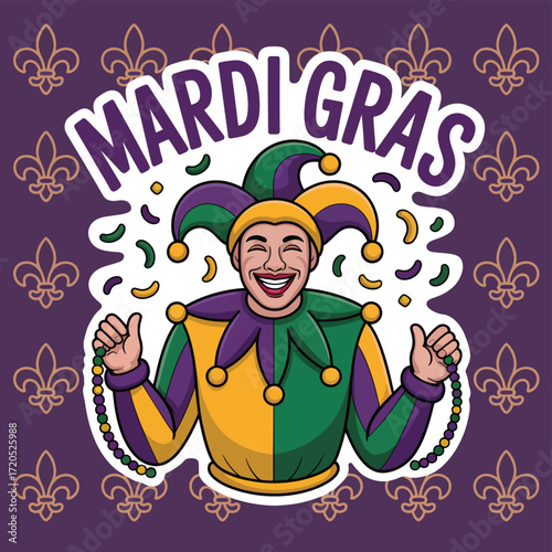 Man in Jester Costume with Mardi Gras Beads and Confetti