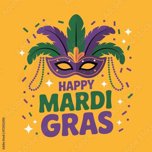 Purple green mask with beads and confetti on yellow background