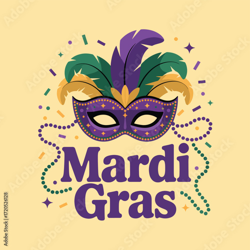 Purple Mardi Gras mask with feathers and beads green