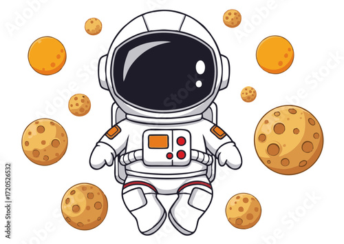 Cute Astronaut Floating Among Asteroids Space Exploration Cartoon Illustration
