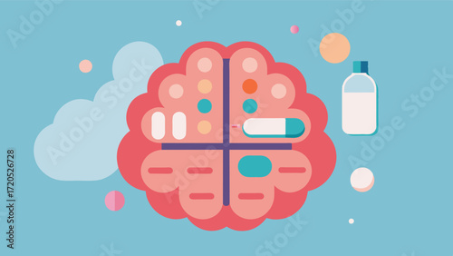 A simplistic illustration of a brain with medication written in the center surrounded by various compartments representing the weekly pill organizer. This concept highlights the. Vector illustration
