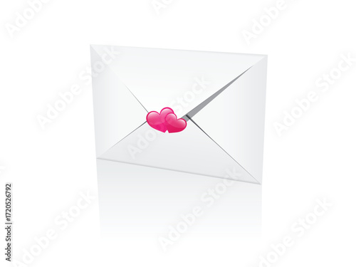mail envelope sealed with hearts new message on white background. Render email notification with letters, check mark, paper plane and magnifying glass icons