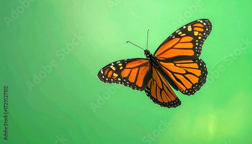 A vibrant monarch butterfly, with orange and black wings, is captured mid-flight against a solid green backdrop. Antennae extend, showcasing the insect's delicate beauty