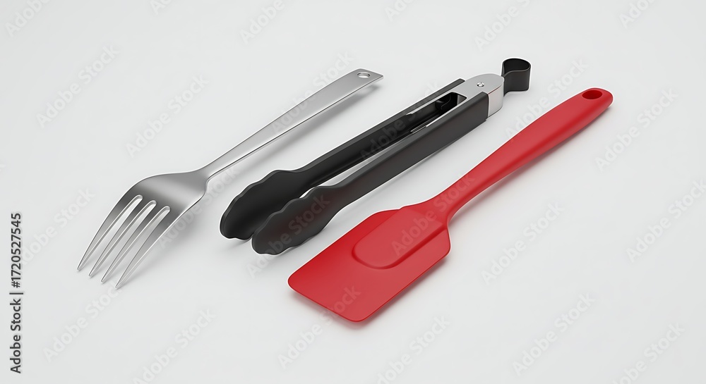 Fototapeta premium Kitchen Utensils: Minimalist Still Life of Fork, Tongs, and Spatula