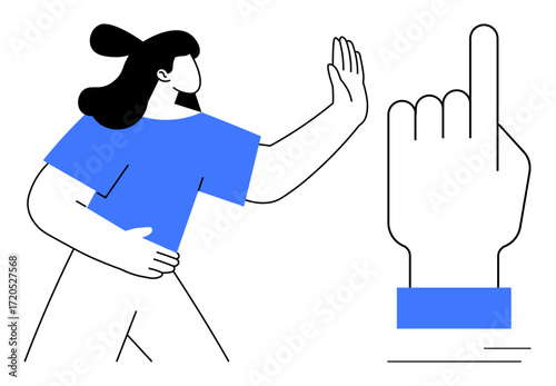 Woman raising hand in a stop gesture beside large pointing index finger. Ideal for communication, refusal, awareness, boundary-setting, focus, leadership, decision-making. Clear and simple flat