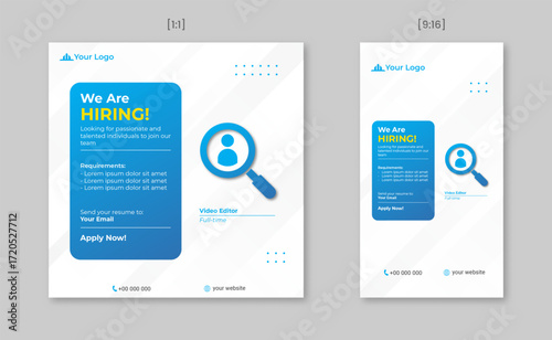 We are hiring social media post template. Job vacancy and recruitment design layout for company announcement
