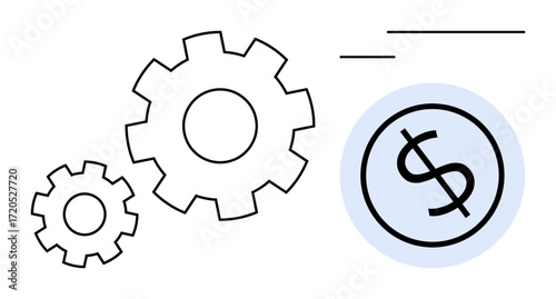 Three interlocking gears and a dollar sign suggest systems, productivity, and economic growth. Ideal for business strategy, financial technology, cost management, efficiency, teamwork