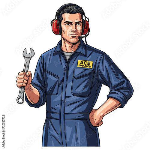 Vector Illustration of Male Aircraft Mechanic in Uniform with Headset Holding Wrench in Modern Style