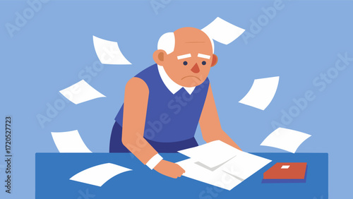 A man with Alzheimers disease sifts through a pile of papers his expression one of frustration as he struggles to remember the bills he needs to pay.. Vector illustration
