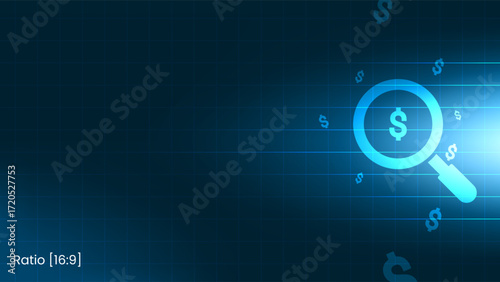 Business finance magnifying glass background template. Money search presentation design for financial analysis