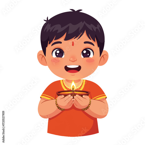 A joyful small child happily holds a lit Diwali candle in both hands, looking forward with a delightful expression in this vibrant 2D flat vector illustration.