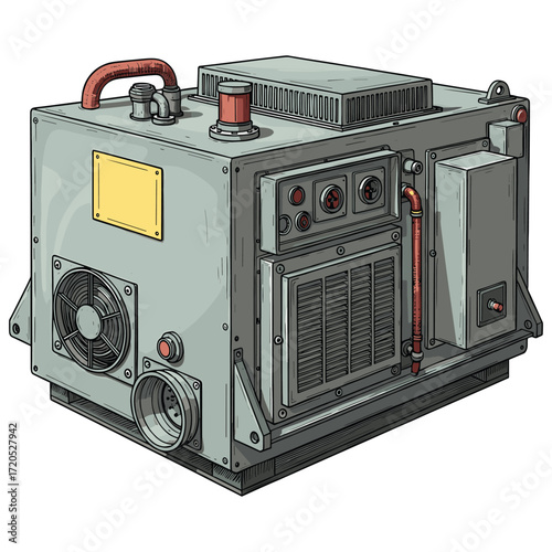 Vector Illustration of Industrial Generator in Realistic Style with Gray and Red Color Palette