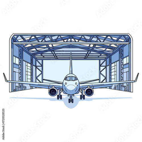 Vector Illustration of Commercial Jet Aircraft in Hangar in Modern Style with Blue and White Colors