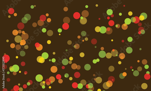 Abstract background of colorful translucent circles scattered on a dark brown backdrop creating a playful and vibrant design ideal for modern graphic design or festive themed projects