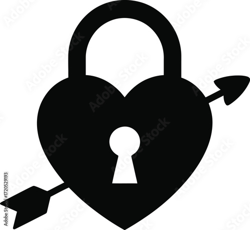 Romantic heart padlock pierced by an arrow silhouette for love and relationships
