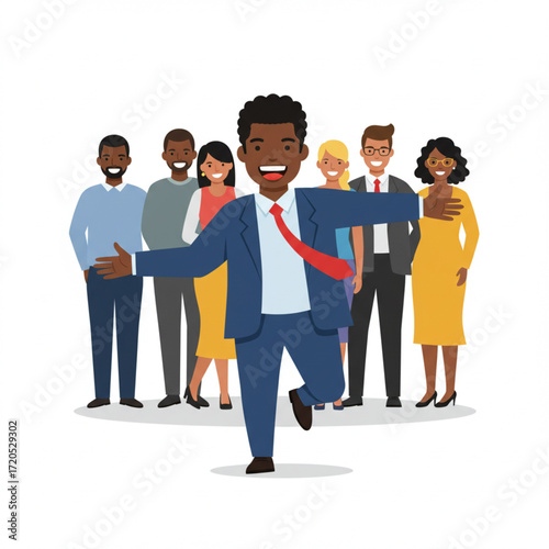 smiling people with a man in the foreground reaching out with open arms, symbolizing unity and camaraderie in a professional setting
