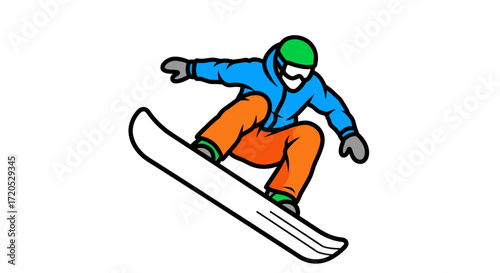 Cartoon snowboarder in mid-air performing a trick.