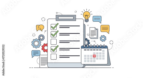 Illustration of a checklist on a clipboard with a calendar and gears, representing project management and task completion.