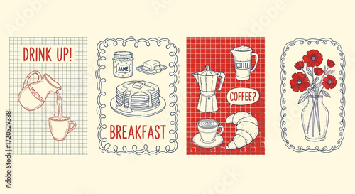 Breakfast themed graphic illustrations with coffee, pastries, and flowers.