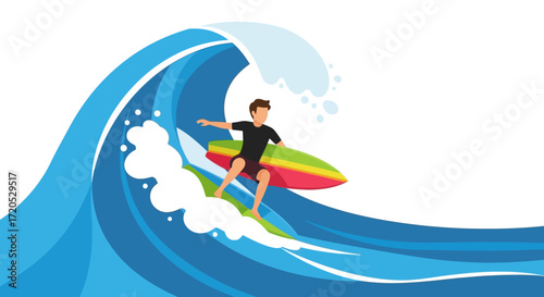 Young man surfing on a big blue ocean wave, a vector illustration of an extreme water sport.